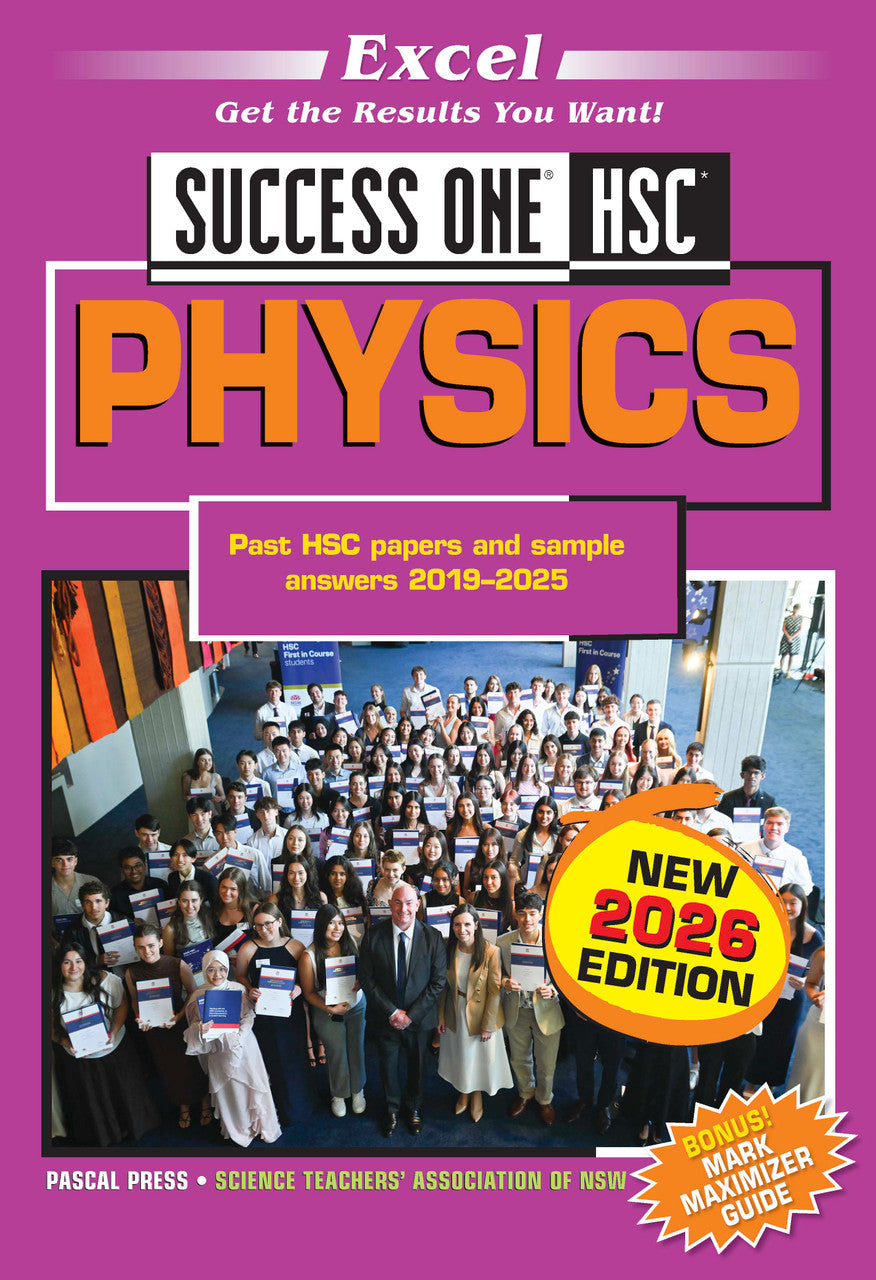 Year 12 Physics course notes with purple cover from Excel Success One HSC, featuring large orange 'PHYSICS' title, '2026 EDITION', and a group of students.