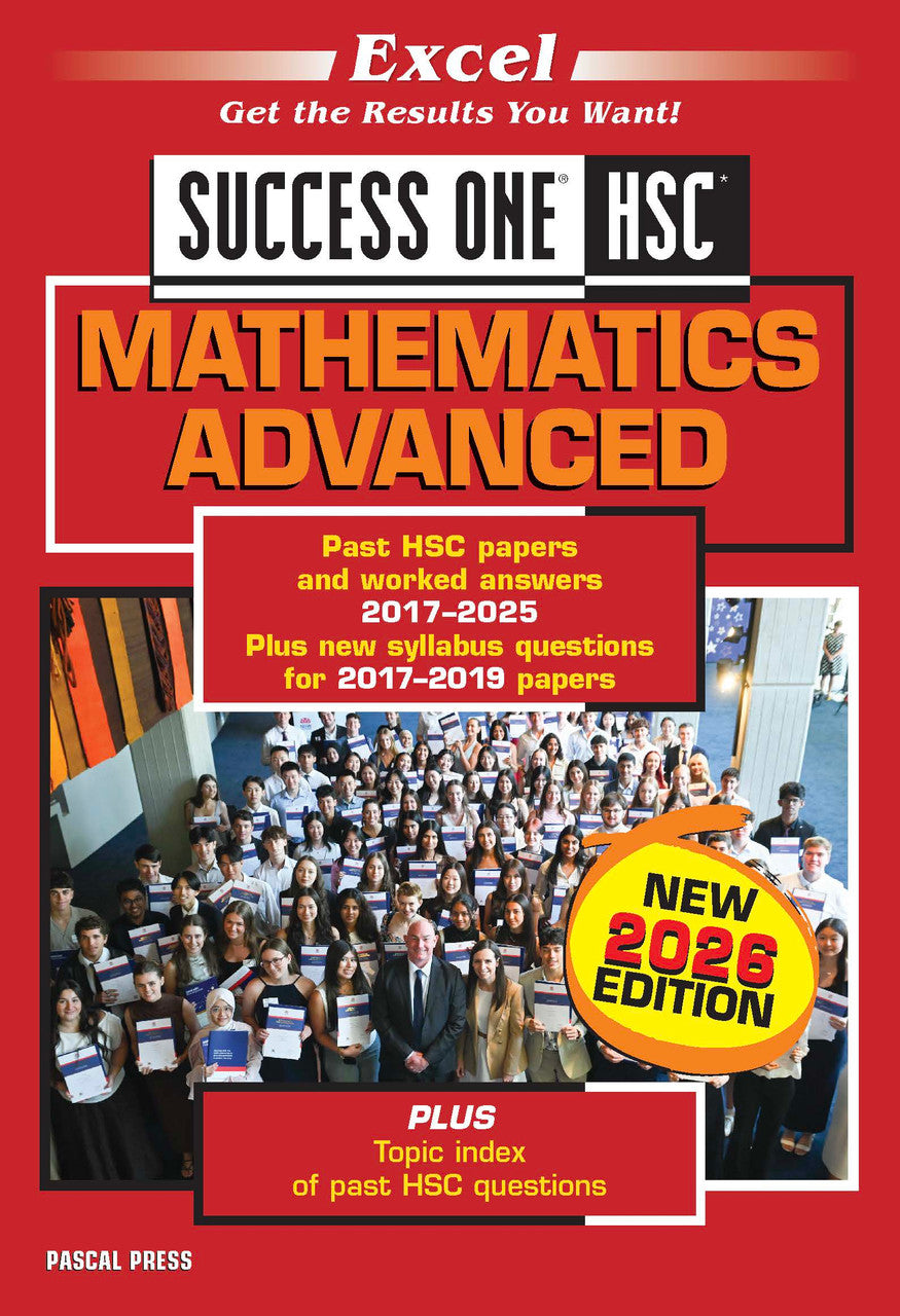 Red Mathematics Advanced study guide by Excel, featuring 'Success One HSC' title, 'New 2026 Edition', and students.