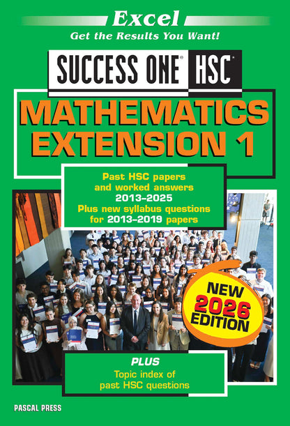 Green Mathematics Extension 1 study guide by Excel, featuring "Success One HSC" title, a "NEW 2026 EDITION" badge, and a group photo of students.