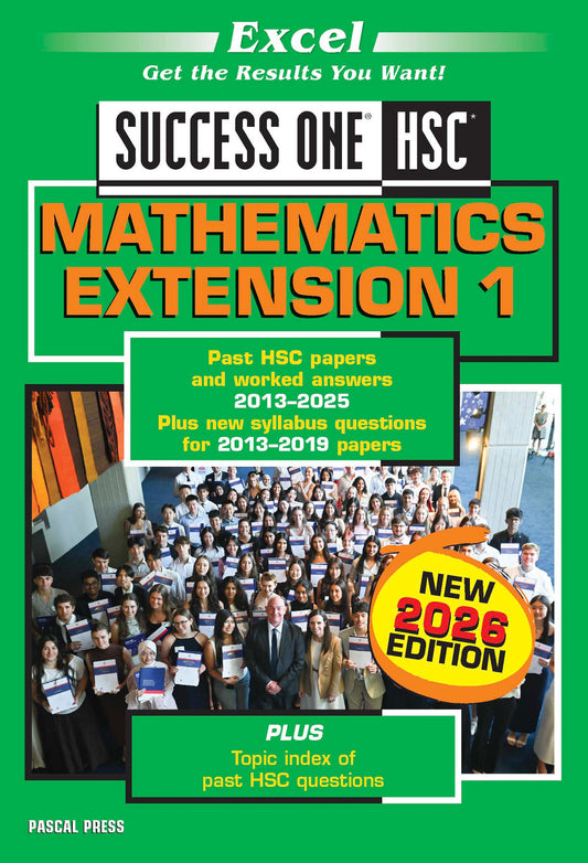 Green Mathematics Extension 1 study guide by Excel, featuring "Success One HSC" title, a "NEW 2026 EDITION" badge, and a group photo of students.