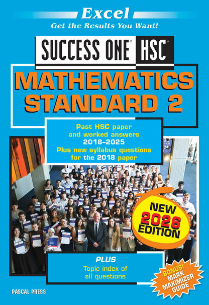 HSC Mathematics Standard 2 study guide with a blue and orange cover by Excel, featuring students, an instructor, and a "NEW 2026 EDITION" badge.