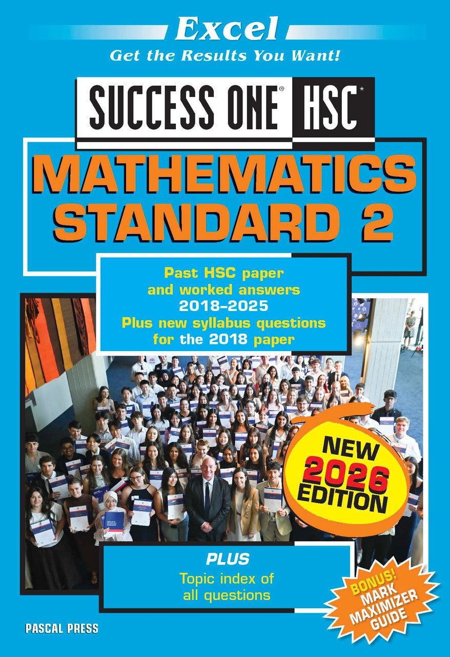 HSC Year 12 Maths Standard 2 Book Pack by Excel, blue cover with orange text, 'New 2026 Edition' seal, and student group.