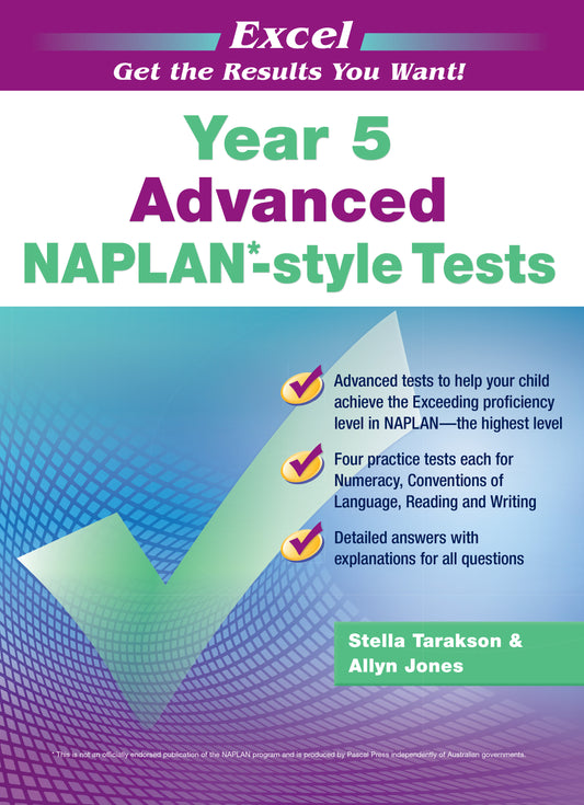 Year 5 Advanced NAPLAN-style Assessment and Test Book by Excel, featuring a purple and green cover with a large checkmark graphic and author names.