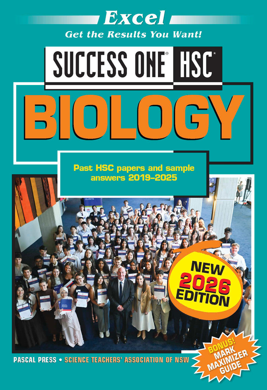 Year 12 HSC Biology book pack by Excel, teal cover with orange 'BIOLOGY' text, 'Success One HSC' title, '2026 Edition', and Bonus Mark Maximizer Guide.