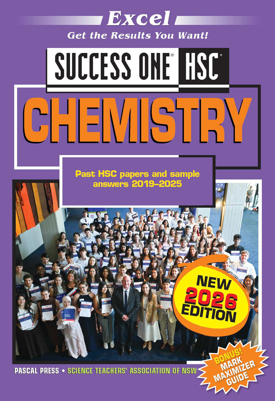 Purple HSC Chemistry study guide by Excel, with 'SUCCESS ONE' title, '2026 EDITION' stamp, and a photo of students.