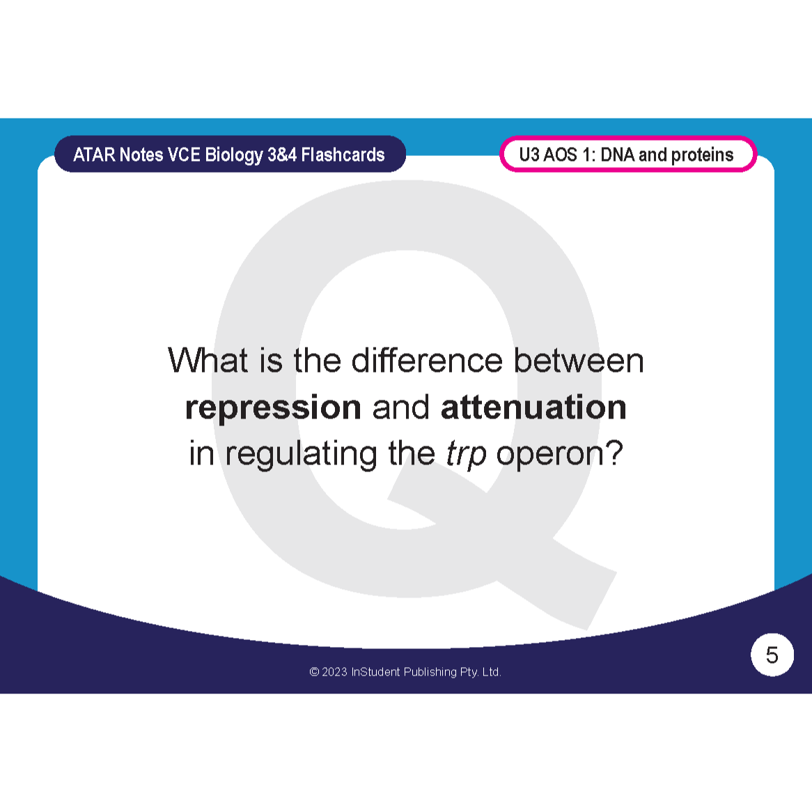 VCE Biology 3&4 blue and white flashcard by ATAR Notes, featuring a question on trp operon regulation under U3 AOS 1.
