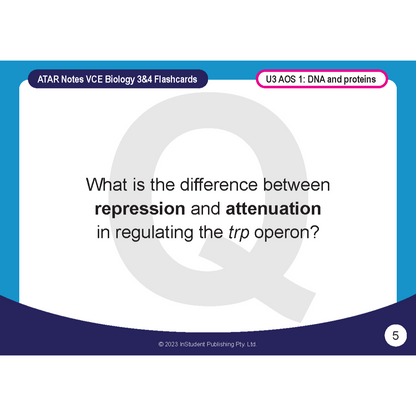 VCE Biology 3&4 blue and white flashcard by ATAR Notes, featuring a question on trp operon regulation under U3 AOS 1.