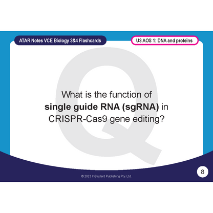 Flashcard for VCE Biology 3&4 by ATAR Notes, displaying a question about sgRNA in CRISPR-Cas9 gene editing, with blue and pink headers.