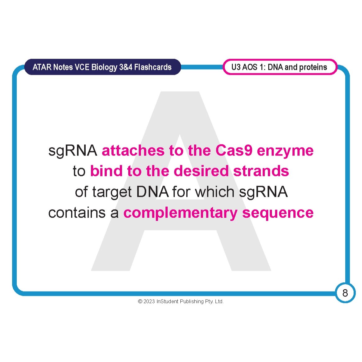 White flashcard by ATAR Notes with blue border, biology text in black and magenta, a faint 'A' graphic, and page number 8.