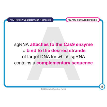 White flashcard by ATAR Notes with blue border, biology text in black and magenta, a faint 'A' graphic, and page number 8.