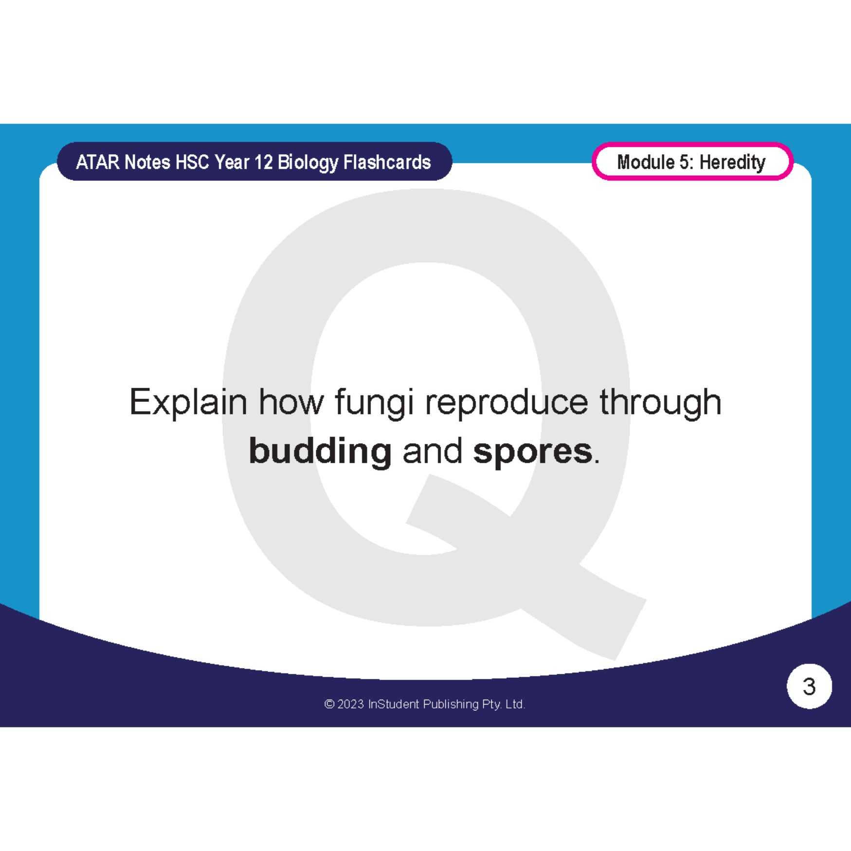 HSC Year 12 Biology flashcard from ATAR Notes, asking how fungi reproduce by budding and spores, under Module 5: Heredity.