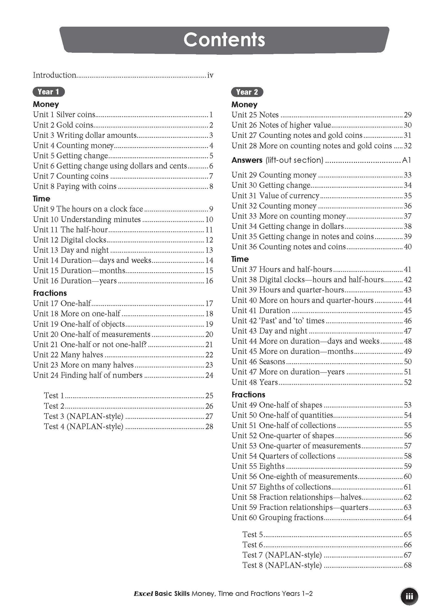 Excel Basic Skills - Money, Time and Fractions Years 1-2