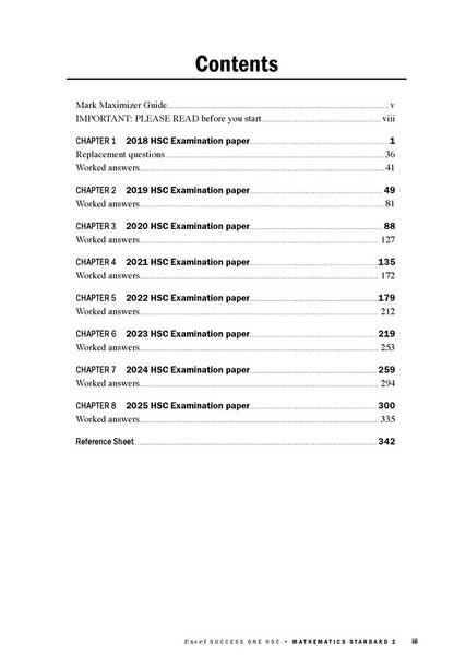 Mathematics Standard 2 course notes by Excel Success One, displaying a table of contents for 2018-2025 HSC examination papers.