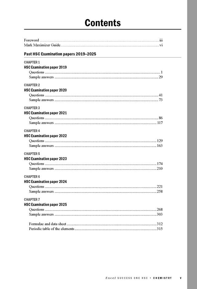 Contents page from a chemistry study guide by Excel Success One, listing HSC exam papers from 2019-2025.