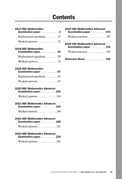Comprehensive HSC Mathematics Advanced study guide by Excel, displaying its table of contents listing exam papers and answers from 2017 to 2025.