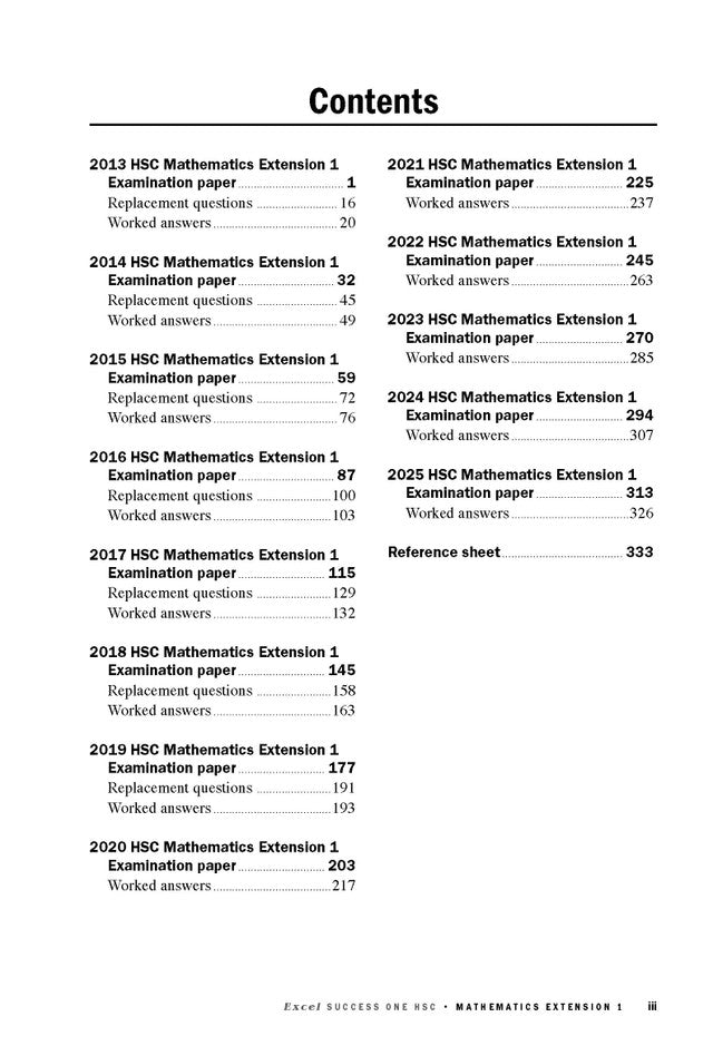 HSC Year 12 Mathematics Extension 1 course notes book by Excel Success One HSC, displaying its table of contents on a white page with black text.