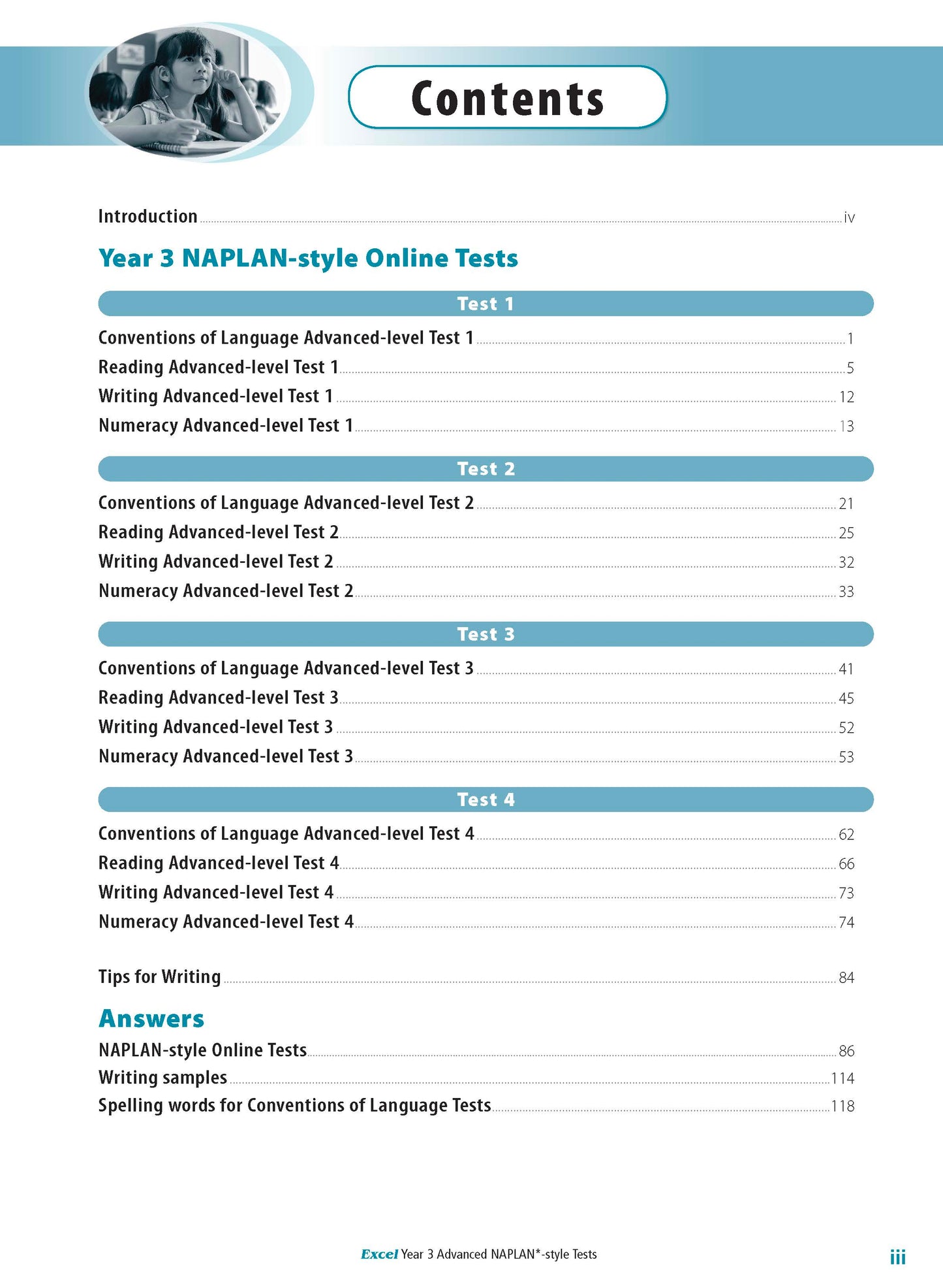 Test book table of contents by Excel, showing sections for NAPLAN-style tests, answers, and an illustration of a girl studying.