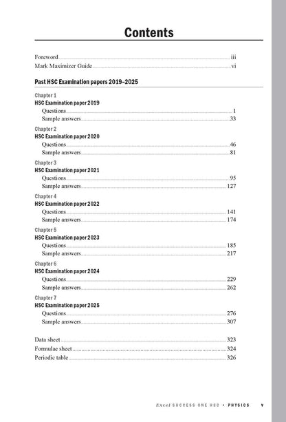 Contents page of a physics textbook by Excel SUCCESS ONE HSC, detailing chapters for HSC examination papers 2019-2025.