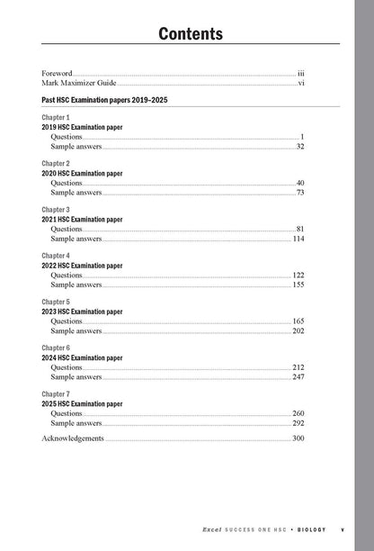 Biology course notes by Excel, displaying a table of contents with chapters and page numbers.