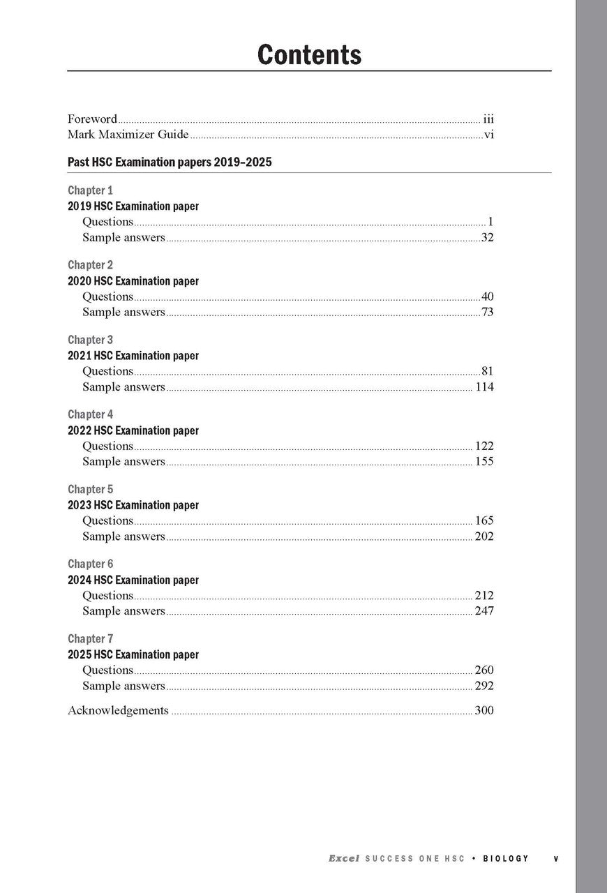 HSC Year 12 Biology Book Pack by Excel, showing its contents page listing chapters for 2019-2025 exam papers and page numbers.