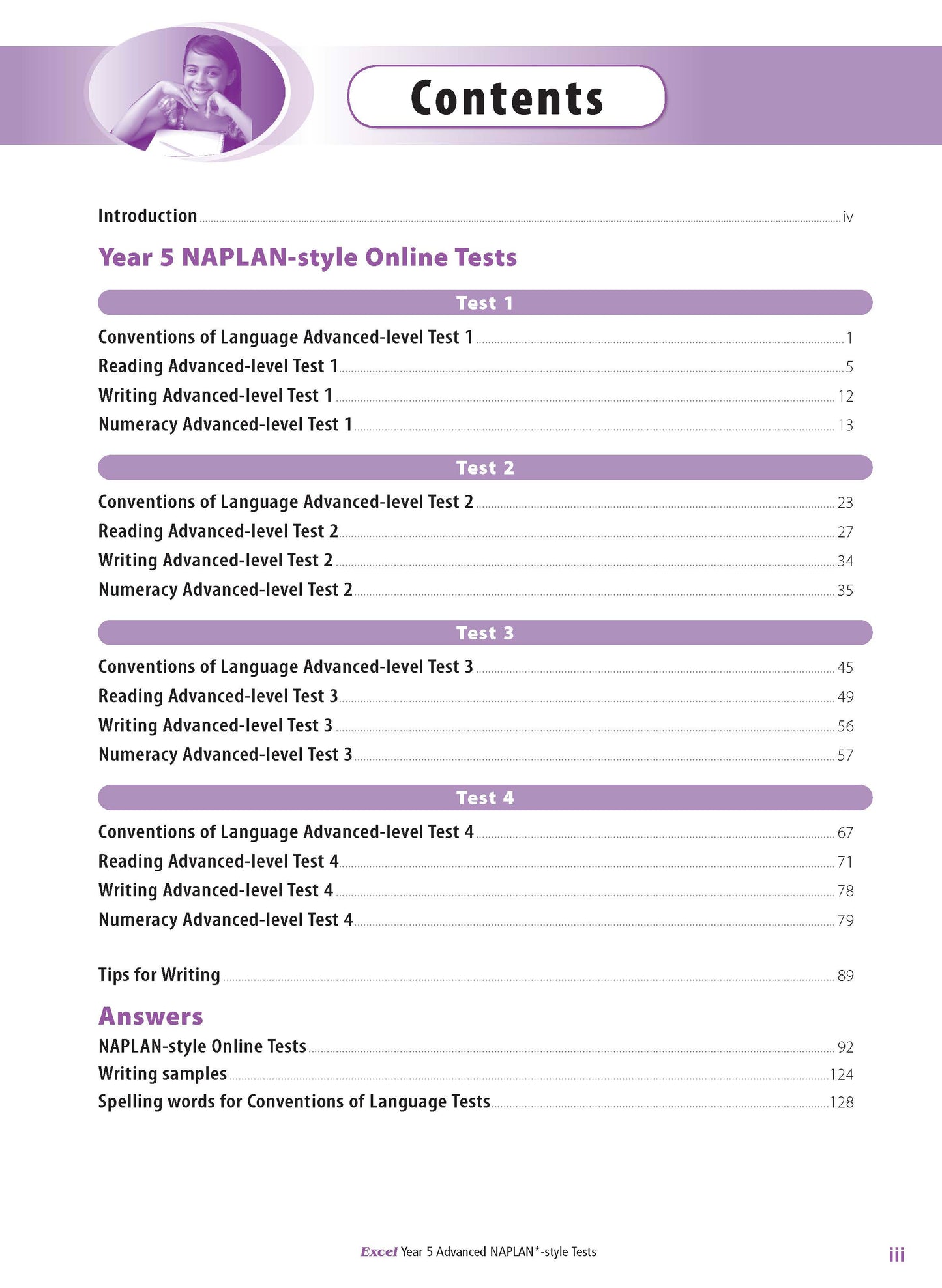 Table of contents from a Year 5 NAPLAN-style test book by Excel, showing test sections, answers, and a smiling girl illustration.