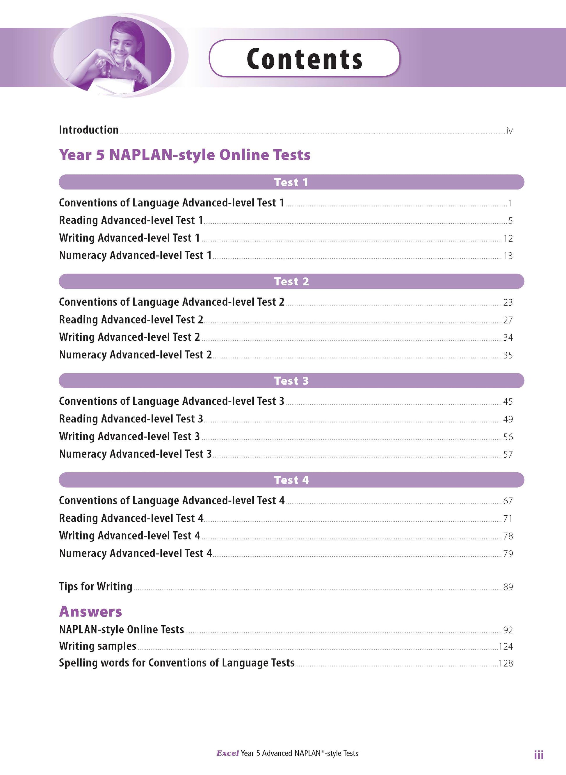 Table of contents from a Year 5 NAPLAN-style test book by Excel, showing test sections, answers, and a smiling girl illustration.