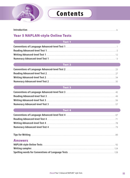 Table of contents from a Year 5 NAPLAN-style test book by Excel, showing test sections, answers, and a smiling girl illustration.