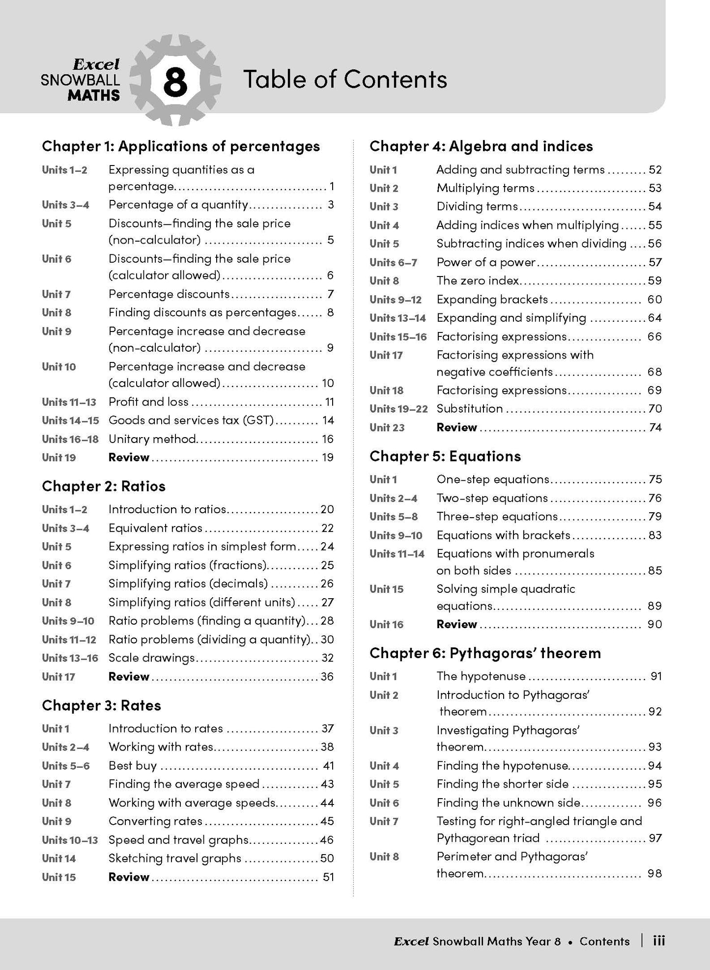 Math workbook for Year 8 by Excel Snowball, showing its Table of Contents page with chapter listings and a grey gear logo.