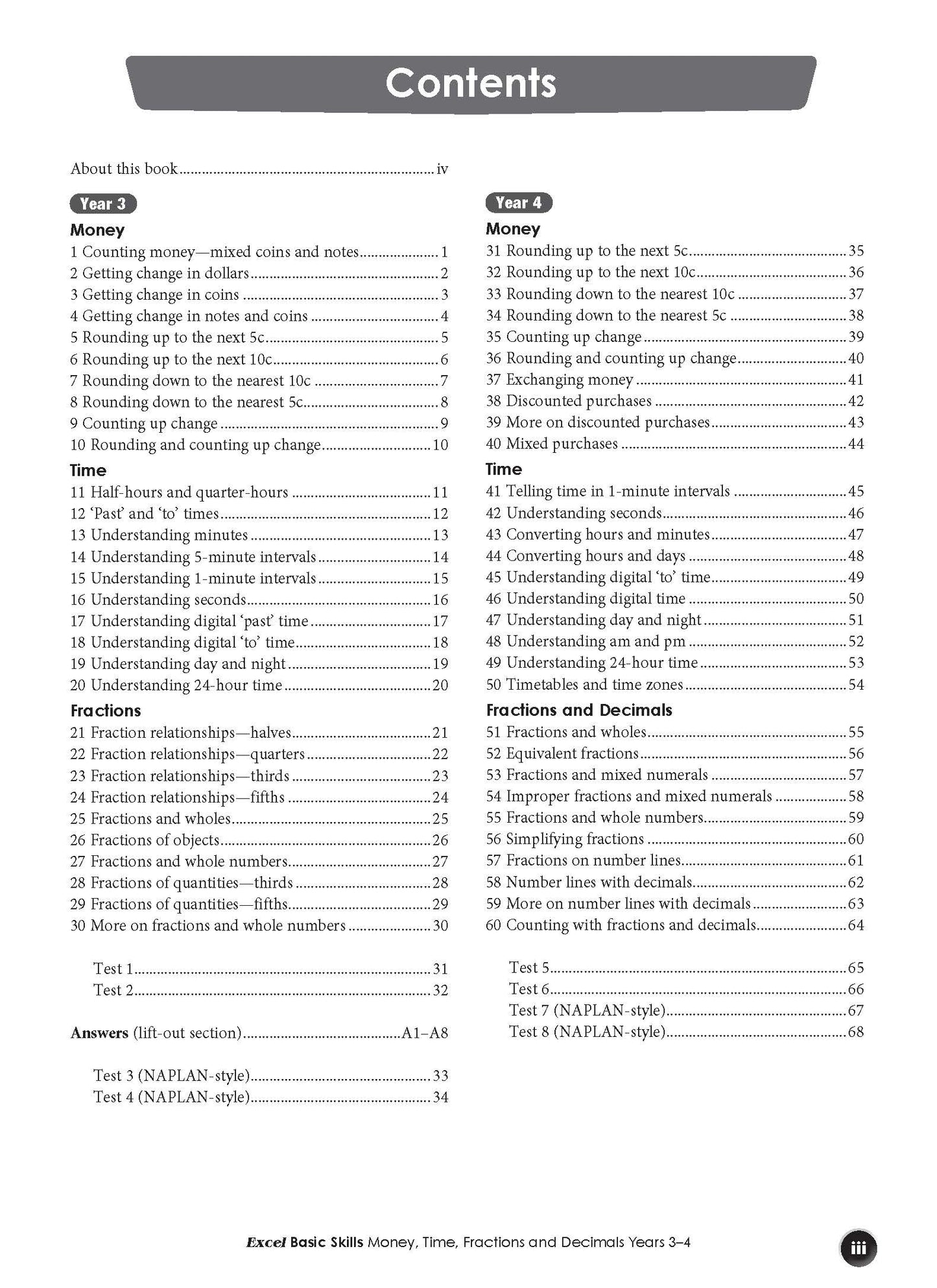 Excel Basic Skills - Money, Time, Fractions and Decimals Years 3-4