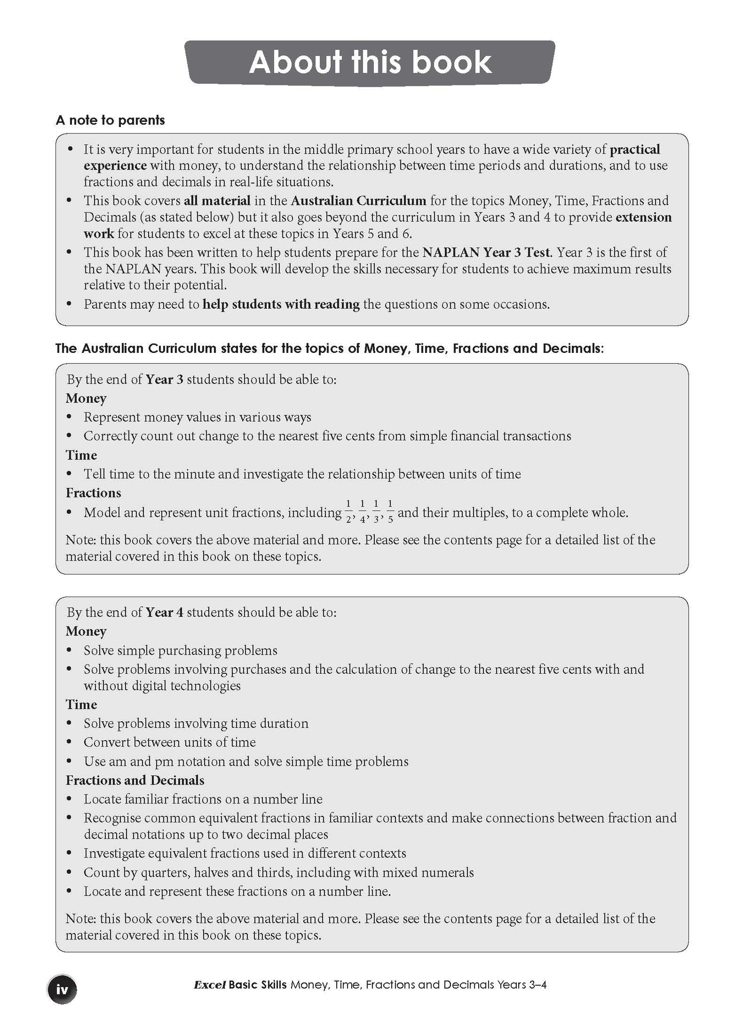 Excel Basic Skills - Money, Time, Fractions and Decimals Years 3-4