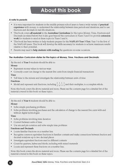 Excel Basic Skills - Money, Time, Fractions and Decimals Years 3-4
