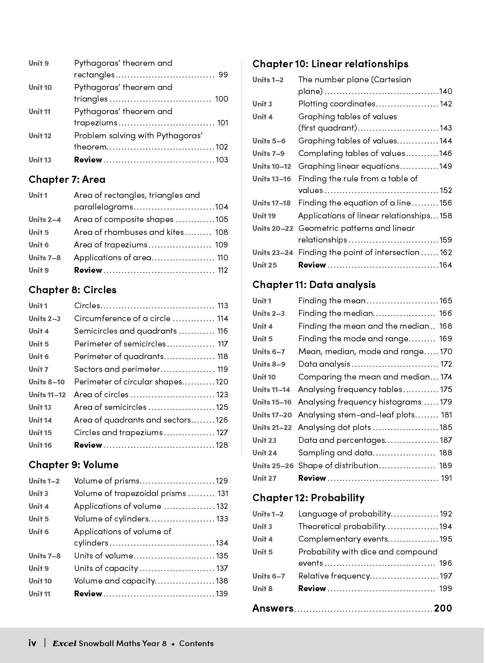 Maths Year 8 workbook contents page by Excel Snowball, listing chapters on area, circles, volume, linear relationships, data analysis, and probability.