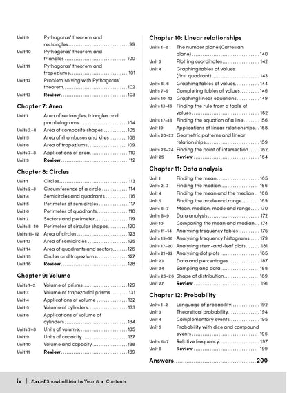 Maths Year 8 workbook contents page by Excel Snowball, listing chapters on area, circles, volume, linear relationships, data analysis, and probability.