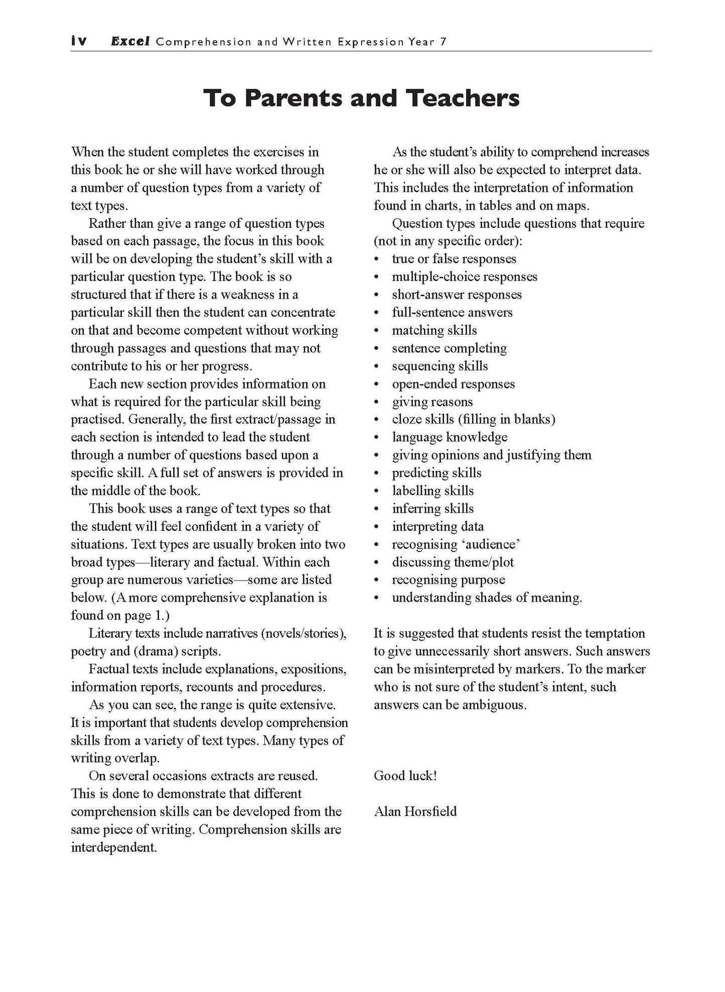 Excel Basic Skills - Comprehension and Written Expression Year 7