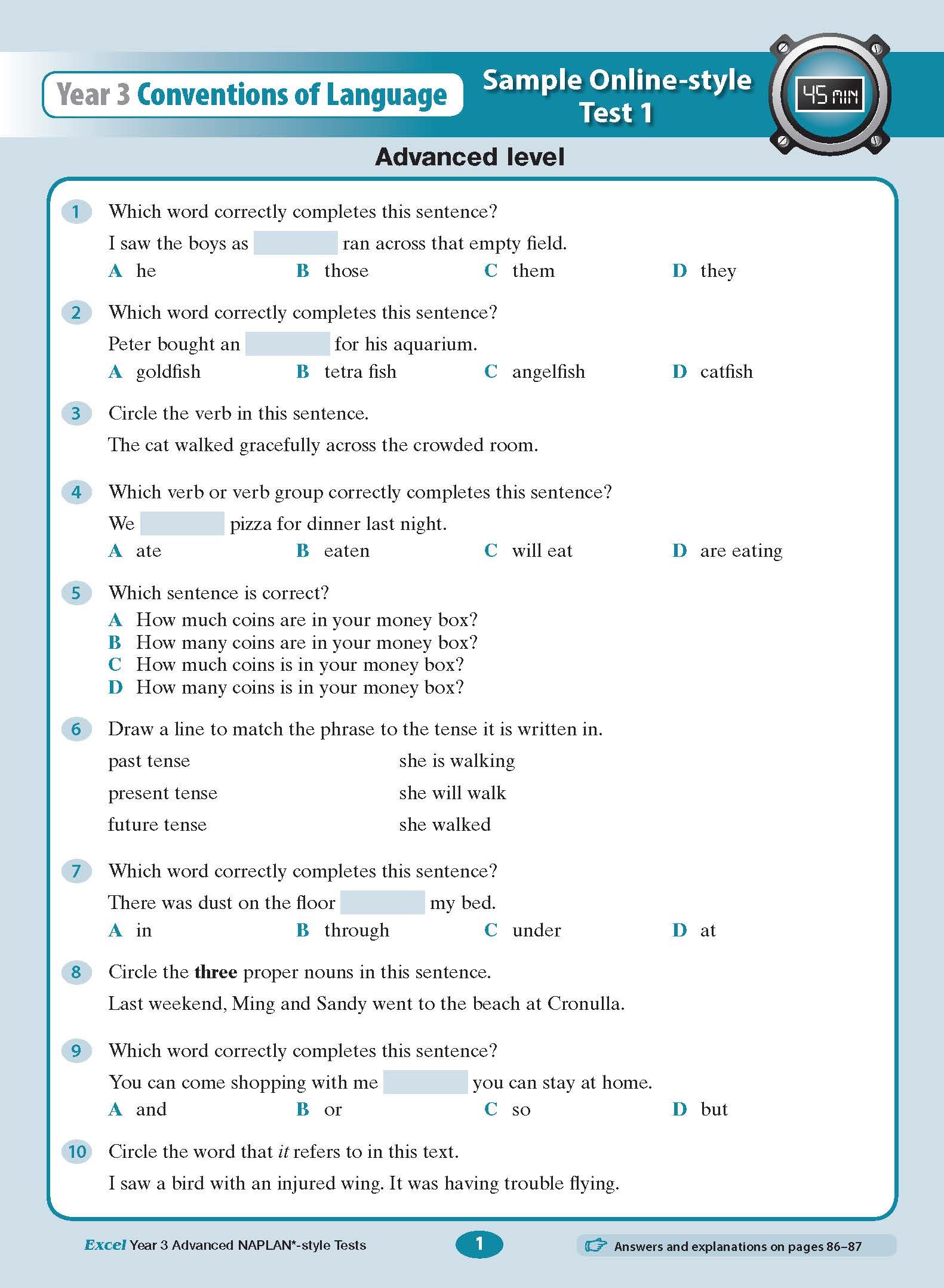 Year 3 Conventions of Language test book from Excel, open to page 1 showing multiple-choice questions for an advanced level test, with a '45 MIN' timer icon.