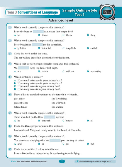 Year 3 Conventions of Language test book from Excel, open to page 1 showing multiple-choice questions for an advanced level test, with a '45 MIN' timer icon.
