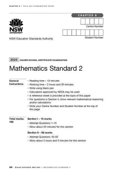 A 2025 HSC Mathematics Standard 2 examination paper by Excel, a white page with black text, showing general instructions and student details.