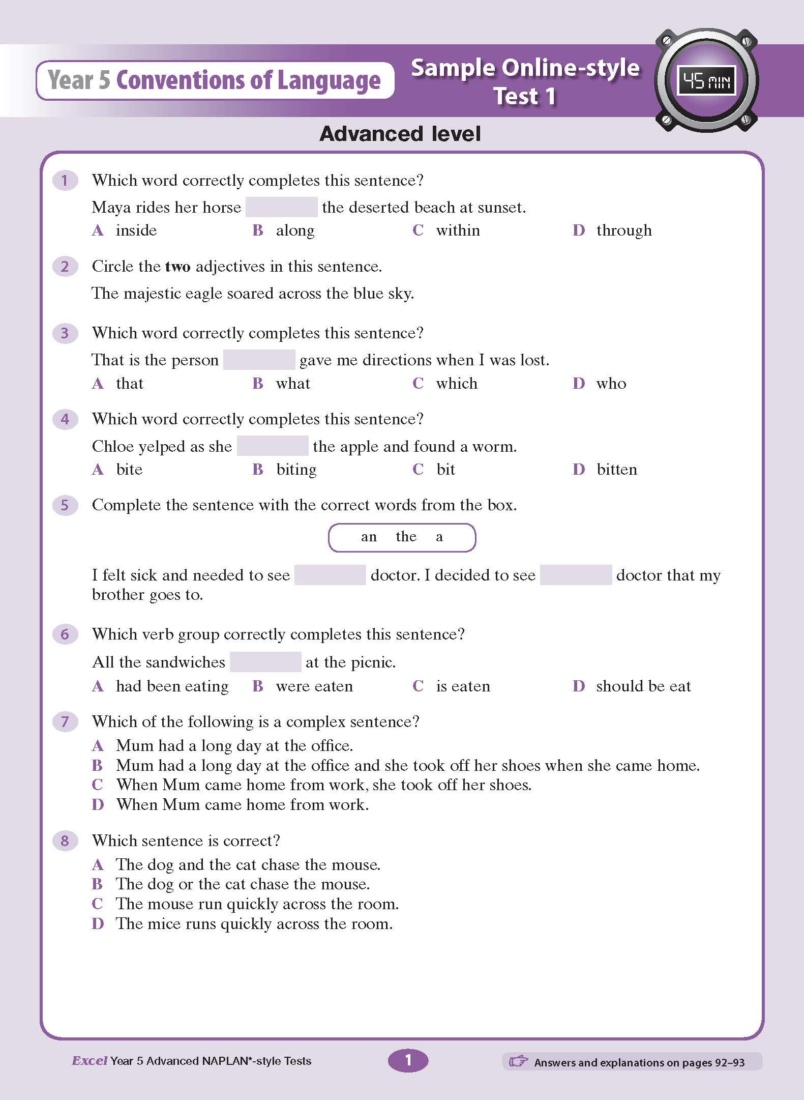 Year 5 Conventions of Language Test Book by Excel, showing a full page with 8 multiple-choice questions.