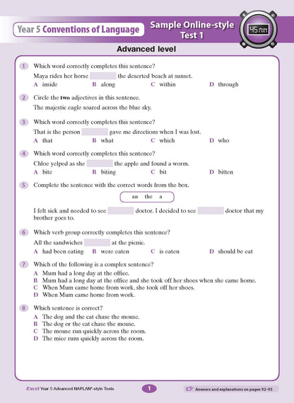 Year 5 Conventions of Language Test Book by Excel, showing a full page with 8 multiple-choice questions.