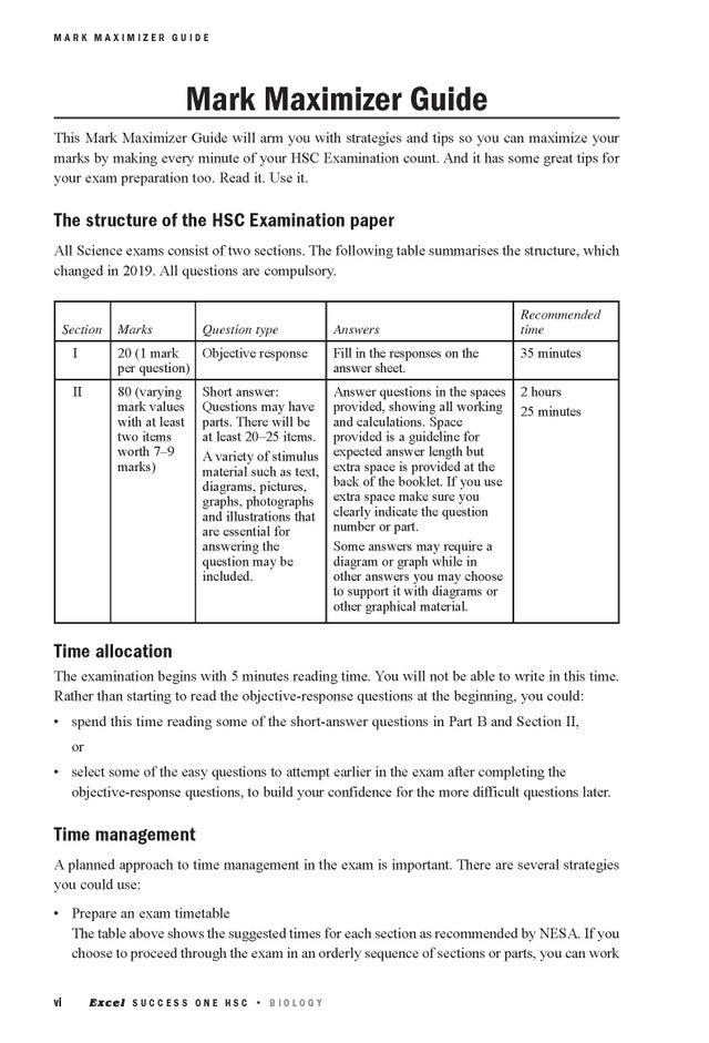 A page from a Biology study guide by Excel showing exam structure details and time management tips.