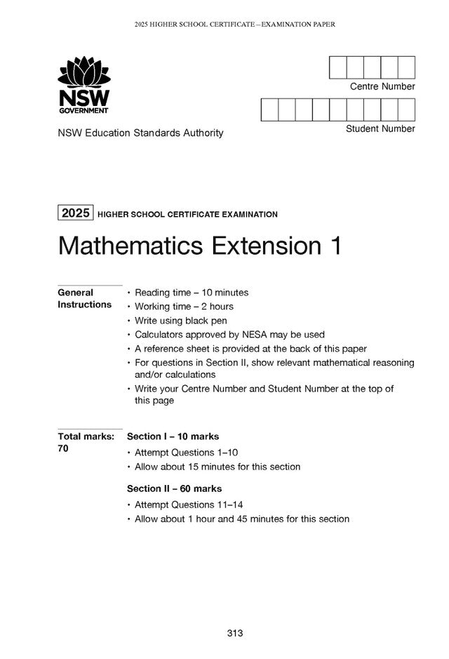 White HSC Mathematics Extension 1 examination paper by Excel Success One, displaying 2025 NESA general instructions and mark breakdown.
