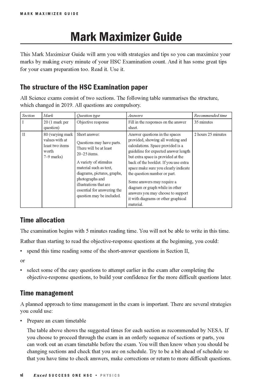 White page from a Physics Mark Maximizer Guide by Excel, showing exam structure, time allocation, and study tips.