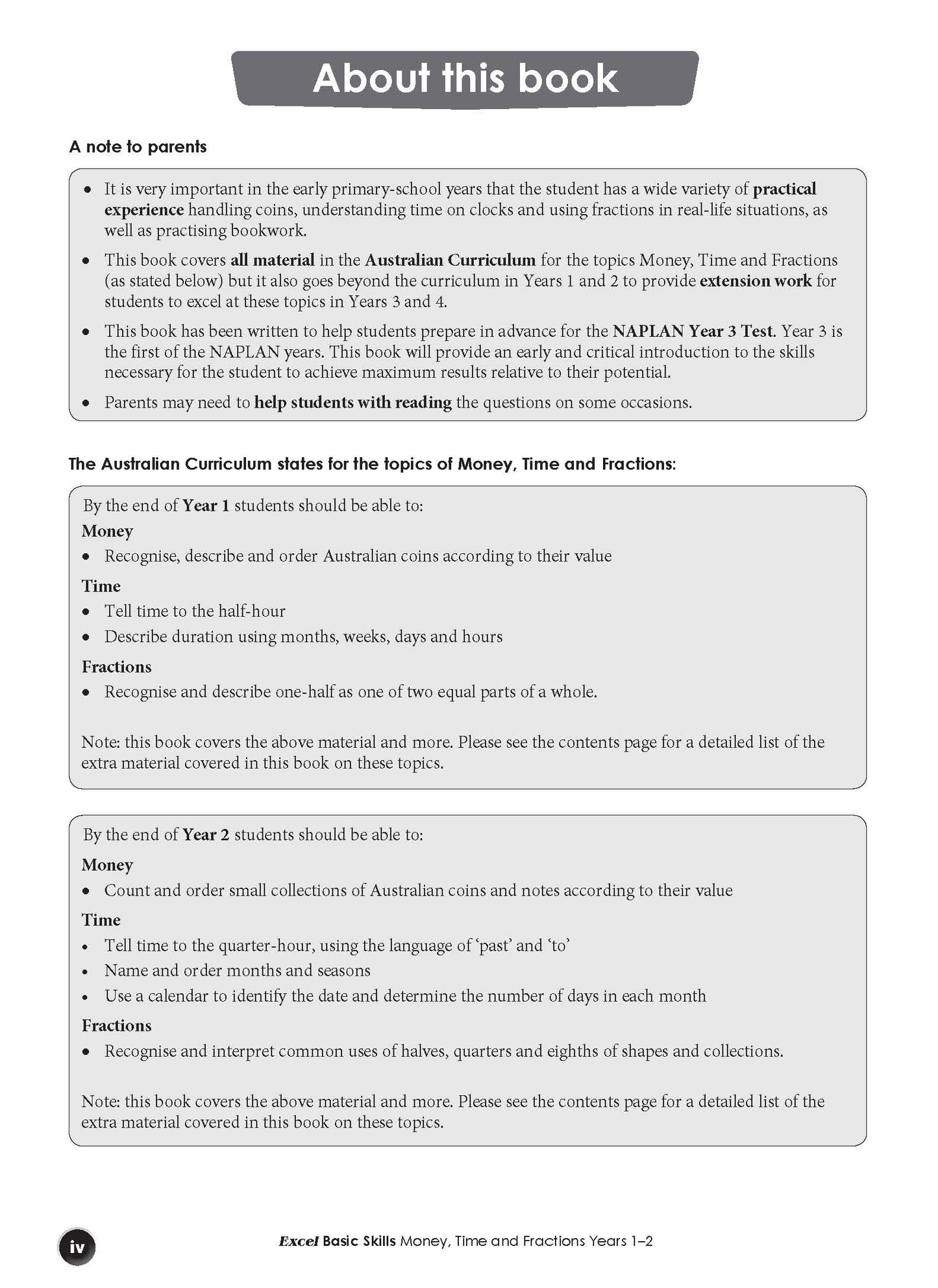 Excel Basic Skills - Money, Time and Fractions Years 1-2