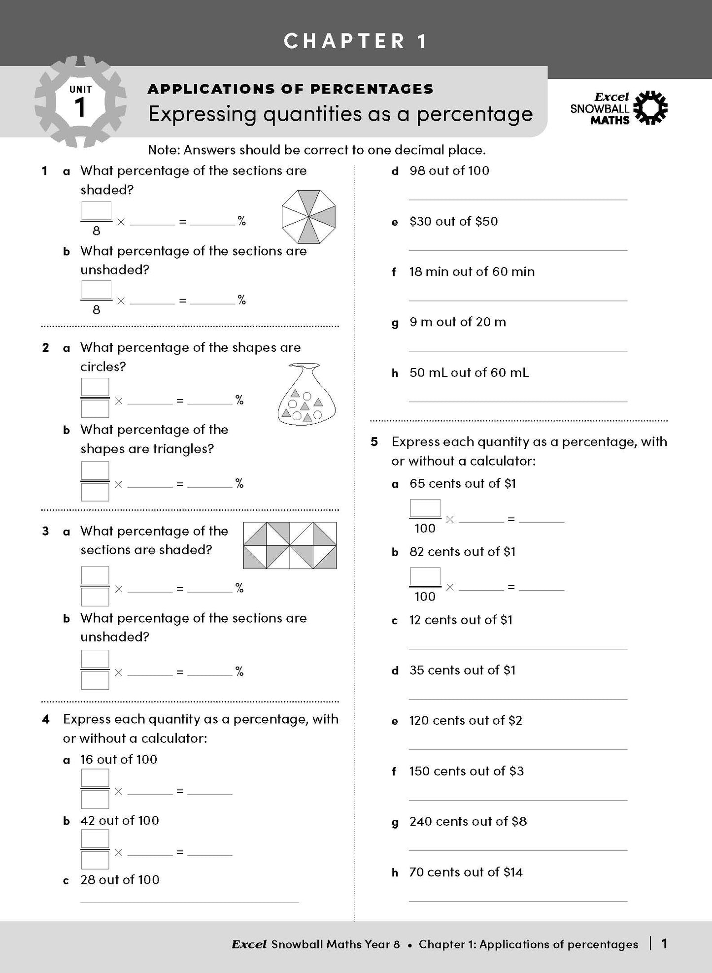 Maths Year 8 workbook by Excel Snowball displaying a page of percentage application exercises.