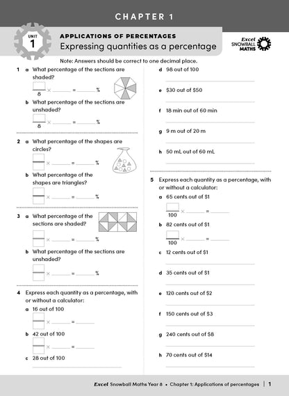 Maths Year 8 workbook by Excel Snowball displaying a page of percentage application exercises.