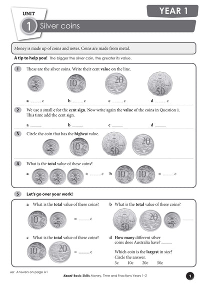 Excel Basic Skills - Money, Time and Fractions Years 1-2