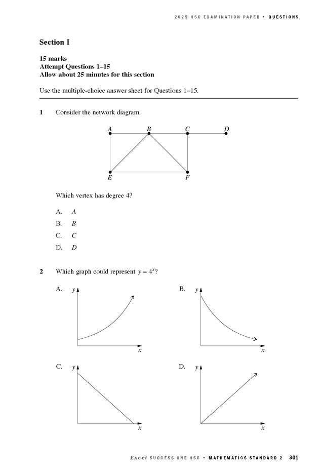 HSC Mathematics Standard 2 examination paper by Excel Success One, displaying questions 1 and 2 with a network diagram and exponential graphs.