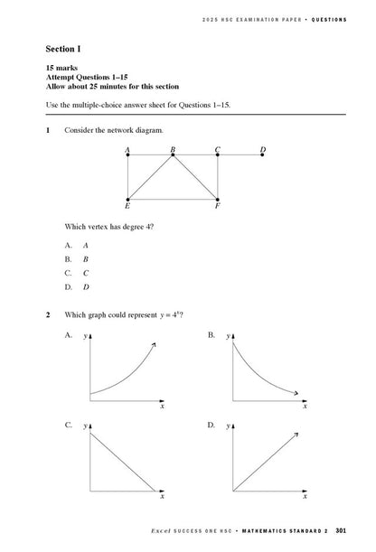 HSC Mathematics Standard 2 examination paper by Excel Success One, displaying questions 1 and 2 with a network diagram and exponential graphs.