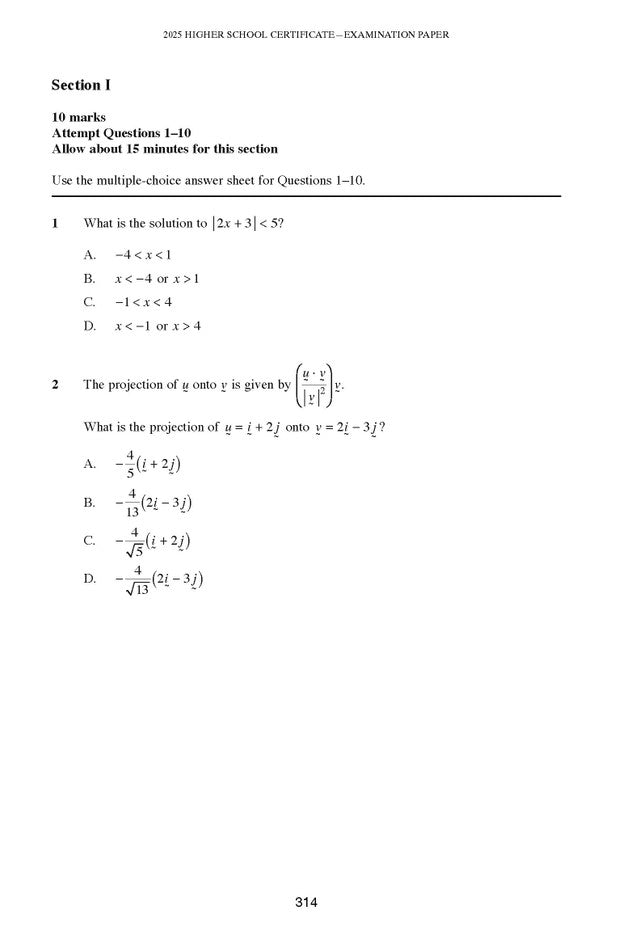 Course Notes page from Excel Success One showing a mathematics examination paper with two multiple-choice questions.