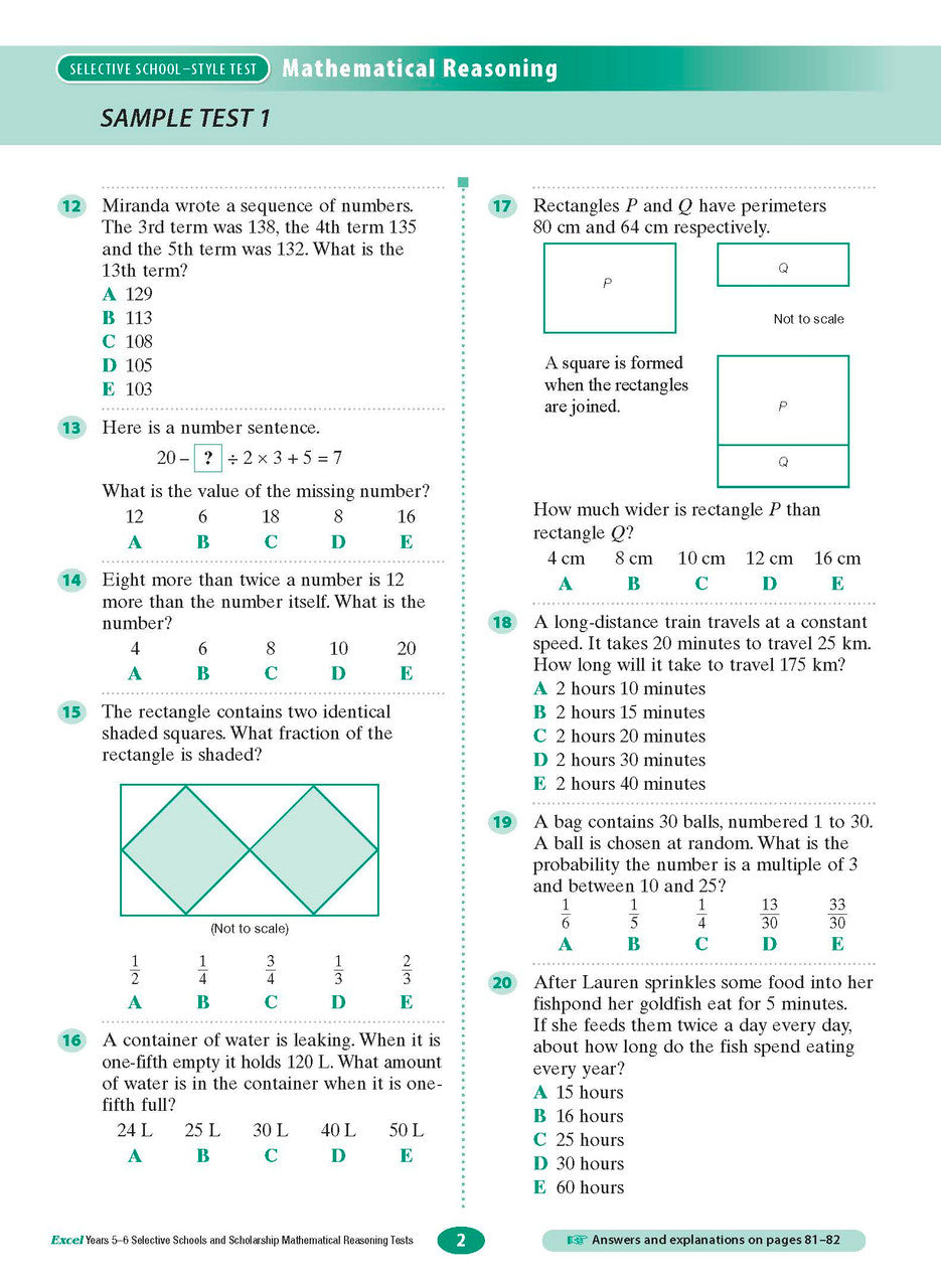 Excel Selective Schools and Scholarship Mathematical Reasoning Tests Years 5-6